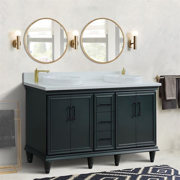 61" Double Sink Vanity in Dark Gray Finish and White Engineered Stone and Round Sink