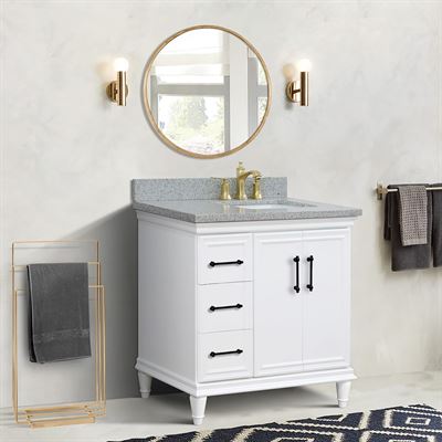 37" Single Vanity in White Finish with Gray Granite and Rectangle Sink- Right Door/Right Sink