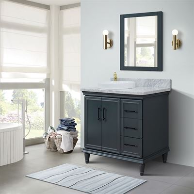 37" Single Vanity in Dark Gray Finish with White Carrara and Round Sink- Left Door/Left Sink