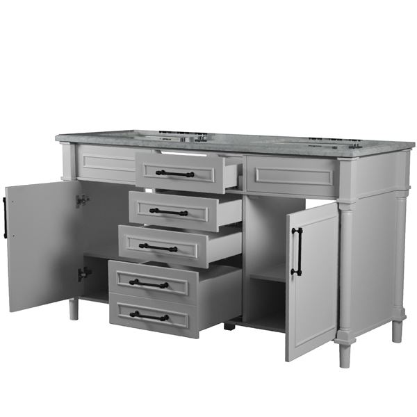 Napa 60 in. Double Vanity in Light Gray with White Carrara Marble Top with Black Hardware