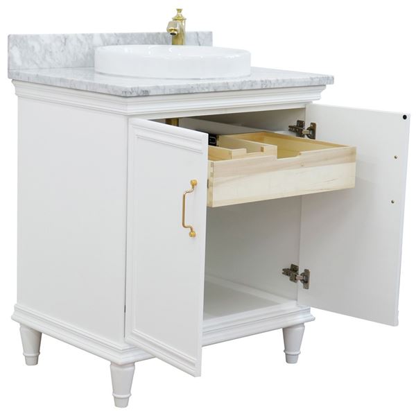 31" Single vanity in White finish with White Carrara and round sink