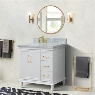37" Single vanity in White finish with White Carrara and oval sink- Left door/Left sink