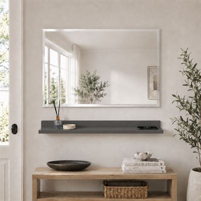 30" Dark Gray Wireless Charging Shelf and Frameless Mirror Set