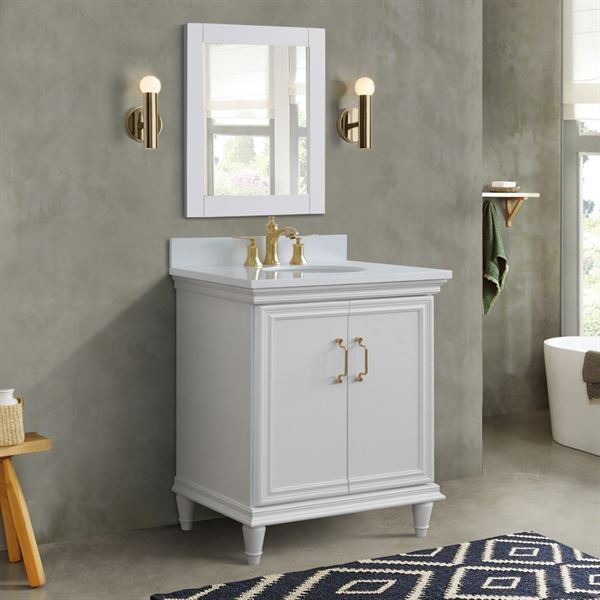 31″ Single Vanity in White Finish with White Quartz and Oval Sink