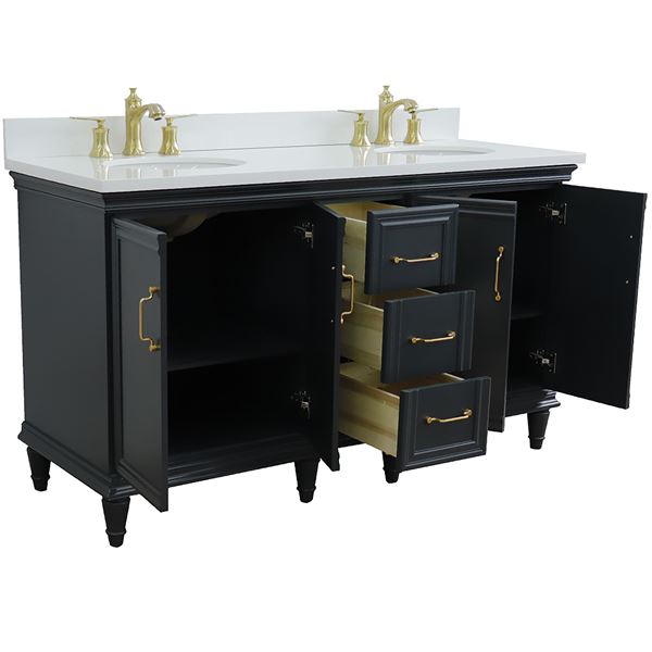 61" Double Sink Vanity in Dark Gray Finish and White Quartz and Oval Sink