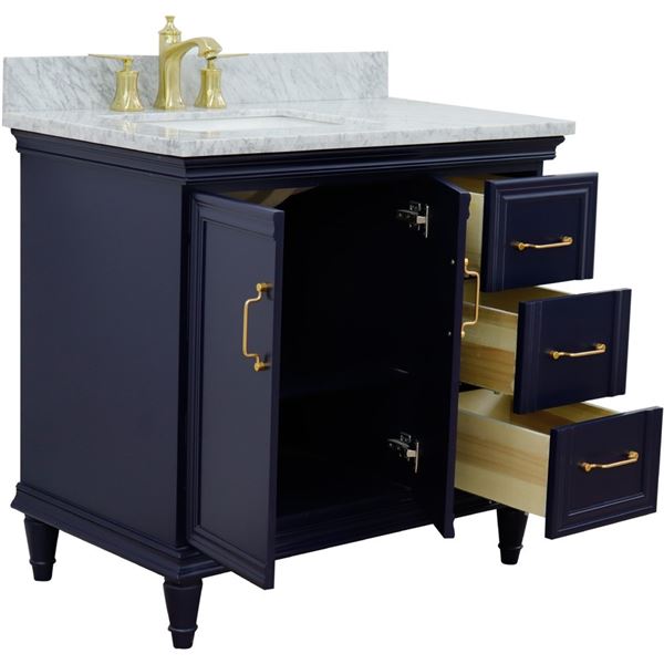 37" Single vanity in Blue finish with White Carrara and rectangle sink- Left door/Left sink