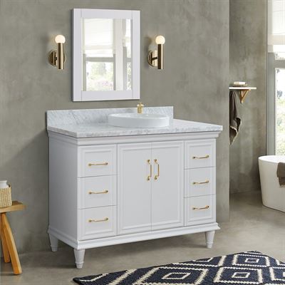 49" Single sink vanity in White finish with White carrara marble and round sink