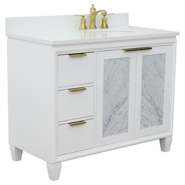 43" Single Vanity in White Finish With White Quartz and Oval Sink- Right Door/Right Sink