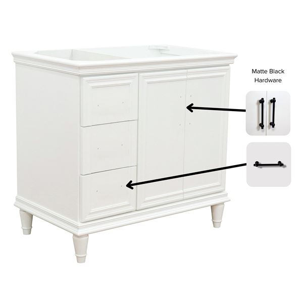 37" Single Vanity in White Finish with White Carrara and Round Sink- Right Door/Right Sink