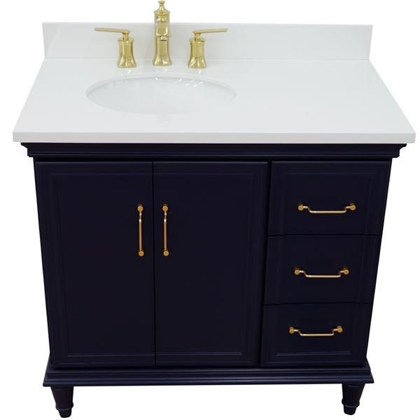 37" Single vanity in Blue finish with White quartz and oval sink- Left door/Left sink