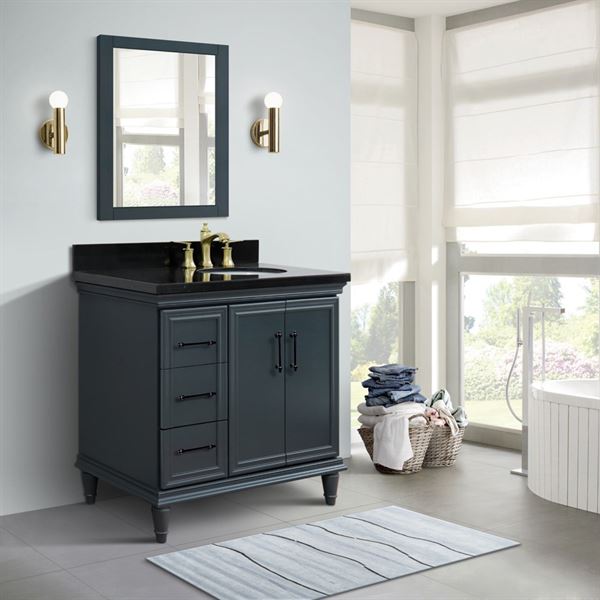 37″ Single Vanity in Dark Gray Finish with Black Galaxy and Oval Sink- Right Door/Right Sink