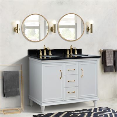 49" Double vanity in White finish with Black galaxy and oval sink
