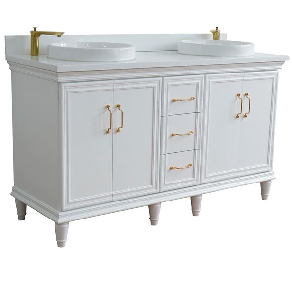 Forli 61 in. Double Sink Vanity in White Finish with White Engineered Stone Top, Round Sinks