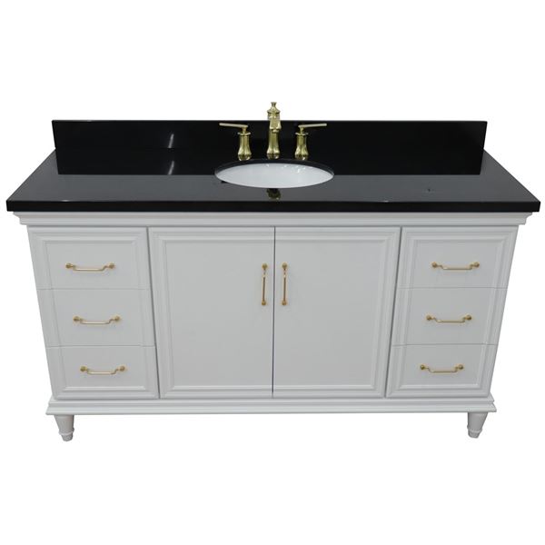 61" Single vanity in White finish with Black galaxy and oval sink