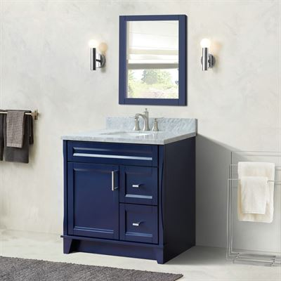 37" Single vanity in Blue finish with White Carrara and rectangle sink- Left door/Center sink