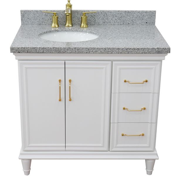 37" Single vanity in White finish with Gray granite and oval sink- Left door/Left sink