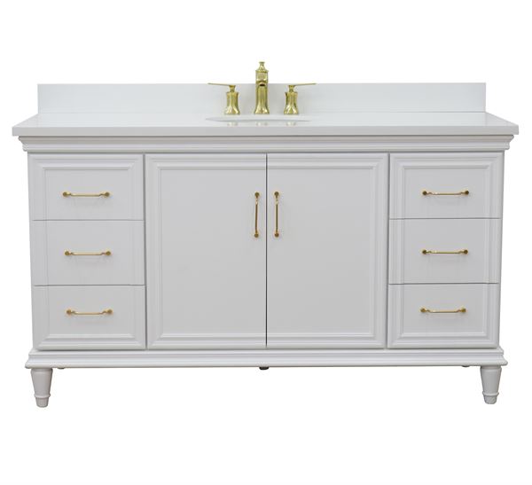 61" Single Vanity in White Finish With White Quartz and Oval Sink