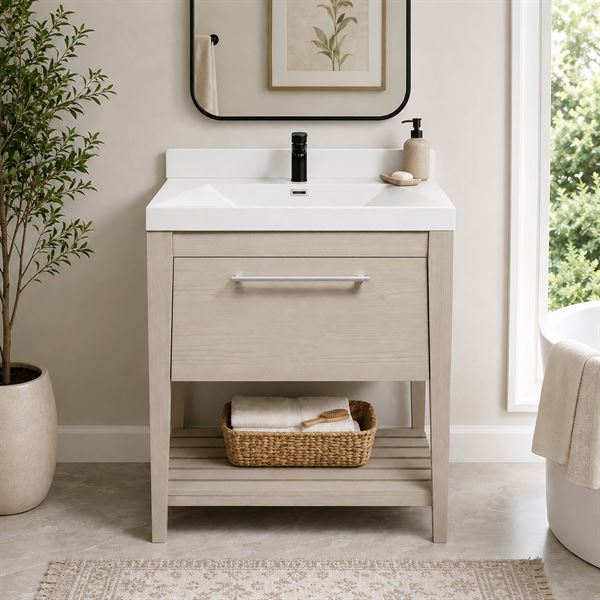 31.5" Single Sink Vanity In Light Gray Finish with White Composite Granite Top