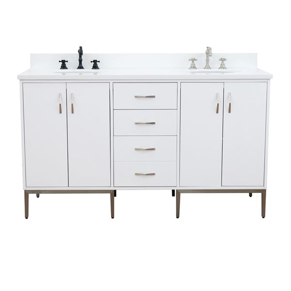 61" Double Sink Vanity in White Finish With White Quartz and Oval Sink