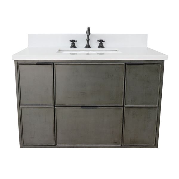 37" Single Wall Mount Vanity in Linen Gray Finish With White Quartz Top and Rectangle Sink