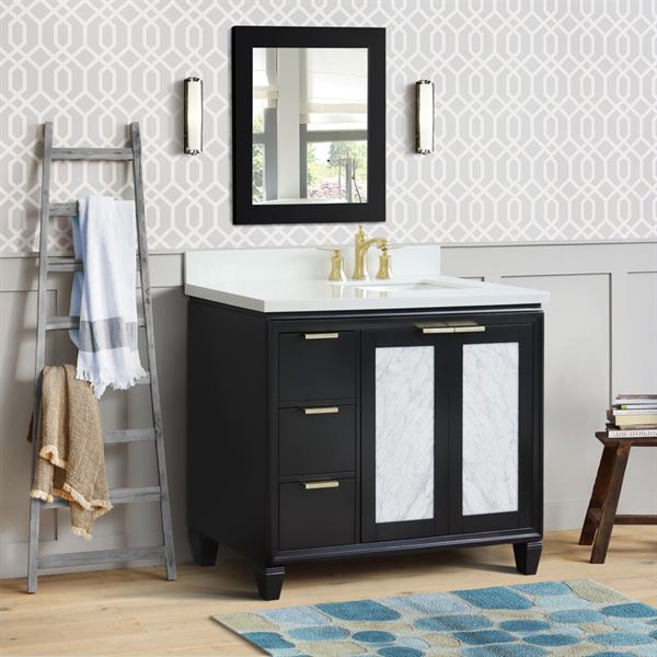 43" Single Vanity in Black Finish With White Quartz and Rectangle Sink- Right Door/Right Sink