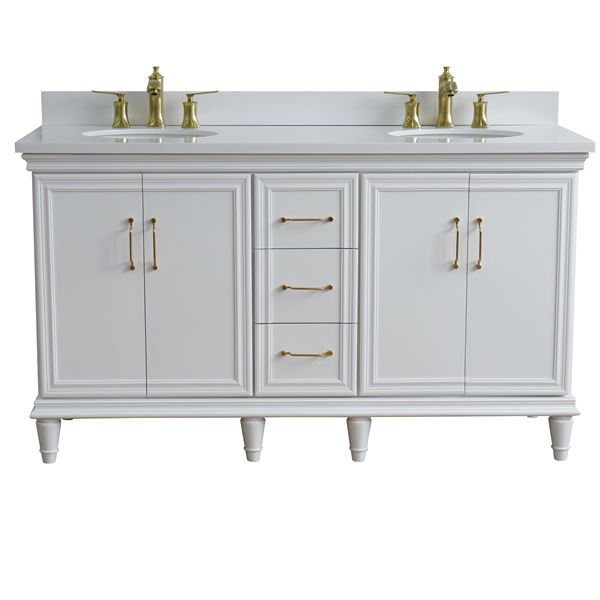 61" Double Sink Vanity in White Finish and White Quartz and Oval Sink