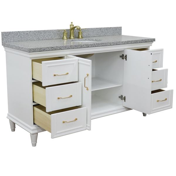 61" Single vanity in White finish with Gray granite and oval sink