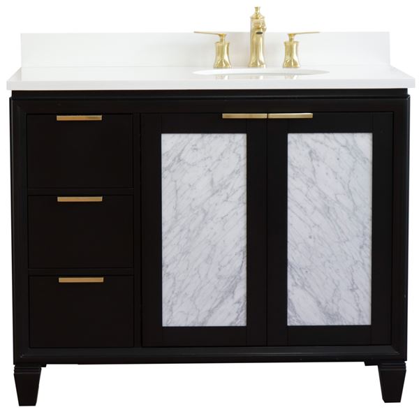 43" Single Vanity in Black Finish With White Quartz and Oval Sink- Right Door/Right Sink