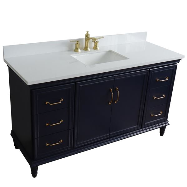 61" Single sink vanity in Blue finish and White quartz and rectangle sink