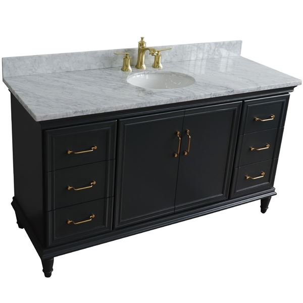 61" Single sink vanity in Dark Gray finish and White carrara marble and oval sink