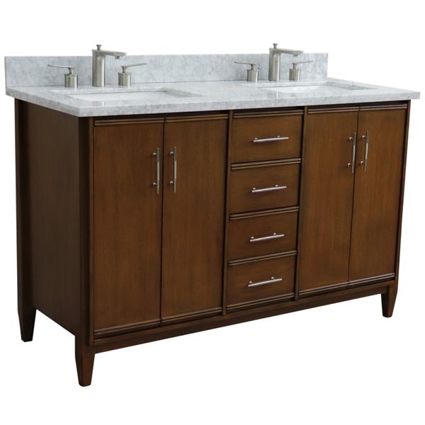 55" Double vanity in Walnut finish with white carrara marble and rectangle sinks