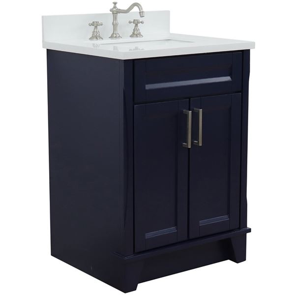 25" Single Sink Vanity in Blue Finish With White Quartz and Rectangle Sink