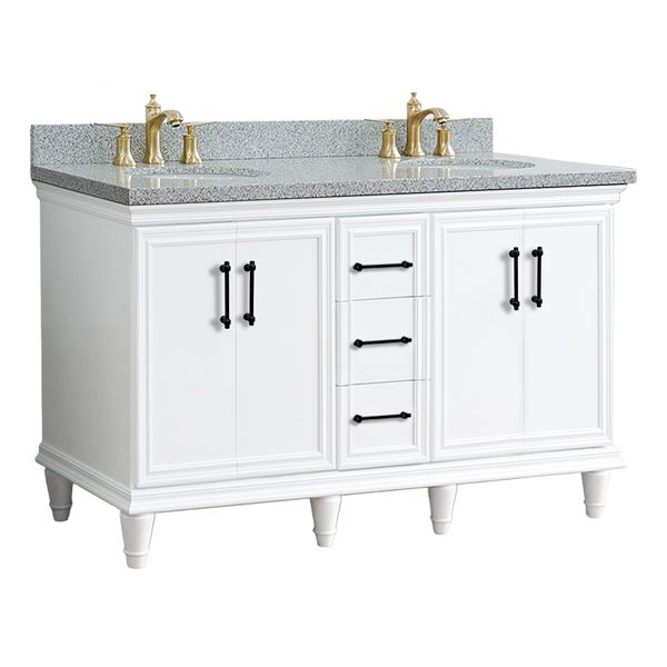 61" Double Sink Vanity in White Finish and Gray Granite and Oval Sinks