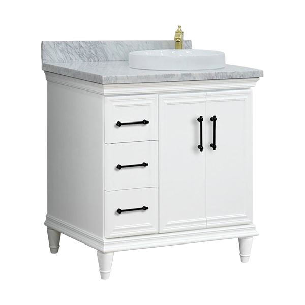 37" Single Vanity in White Finish with White Carrara and Round Sink- Right Door/Right Sink