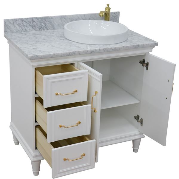 37" Single vanity in White finish with White Carrara and round sink- Right door/Right sink