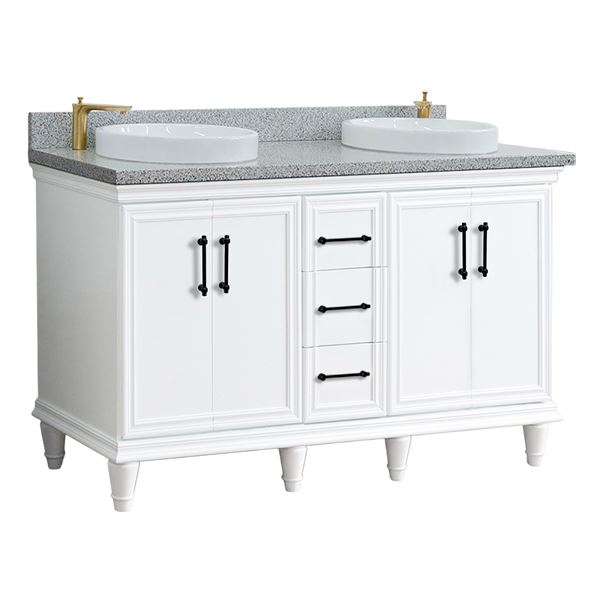 61" Double Sink Vanity in White Finish and Gray Granite and Round Sinks