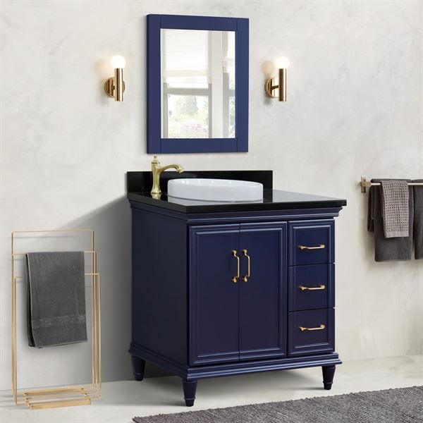 37" Single vanity in Blue finish with Black galaxy and round sink- Left door/Left sink