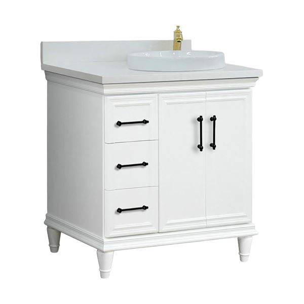 37" Single Vanity in White Finish with White Engineered Stone Top, Round Sink- Right Door/Right Sink