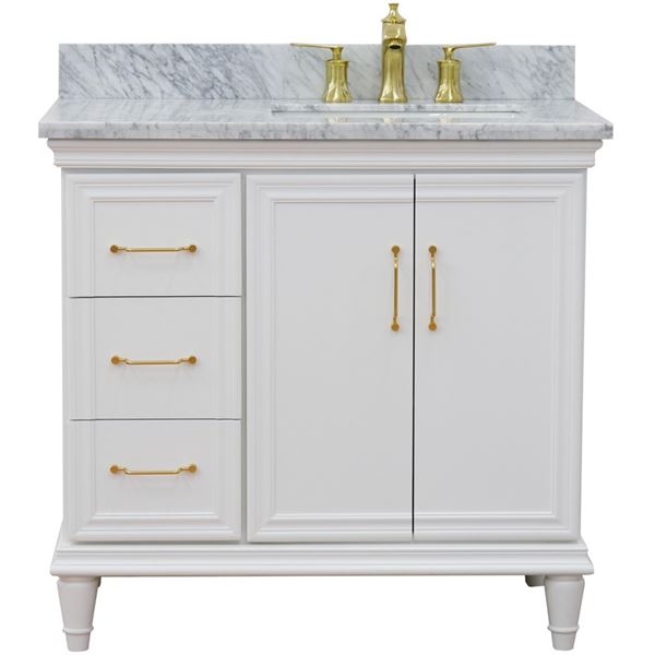 37" Single vanity in White finish with White Carrara and rectangle sink- Right door/Right sink
