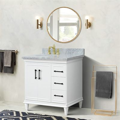 37" Single Vanity in White Finish with White Carrara and Oval Sink- Left Door/Left Sink