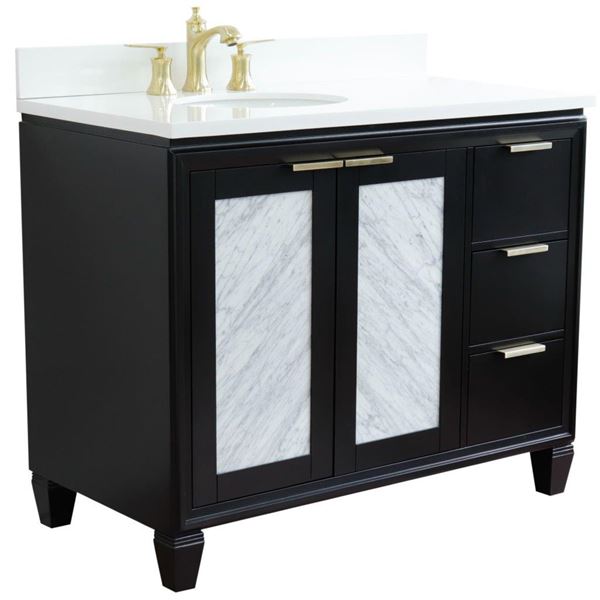43" Single Vanity in Black Finish With White Quartz and Oval Sink- Left Door/Left Sink