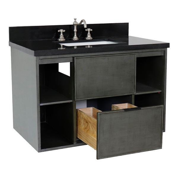 37" Single wall mount vanity in Linen Gray finish with Black Galaxy top and rectangle sink