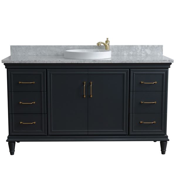 61" Single sink vanity in Dark Gray finish and White carrara marble and round sink