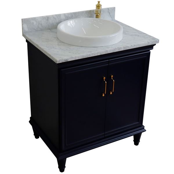 31" Single vanity in Blue finish with White Carrara and round sink