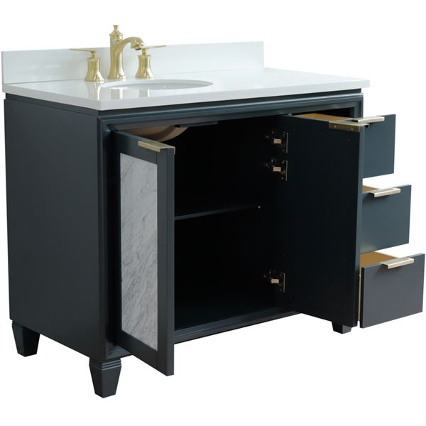 43" Single Vanity in Dark Gray Finish With White Quartz and Oval Sink- Left Door/Left Sink