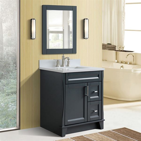 31″ Single Sink Vanity in Dark Gray Finish with White Quartz with Rectangle Sink