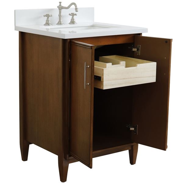25" Single Sink Vanity in Walnut Finish With White Quartz and Rectangle Sink