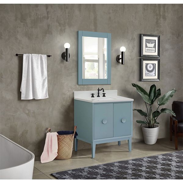 31" Single Vanity in Aqua Blue Finish With White Quartz Top and Rectangle Sink