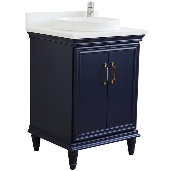 25" Single vanity in Blue finish with White quartz and round sink