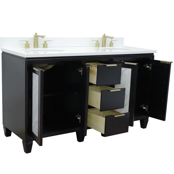 61" Double Sink Vanity in Black Finish With White Quartz and Oval Sink